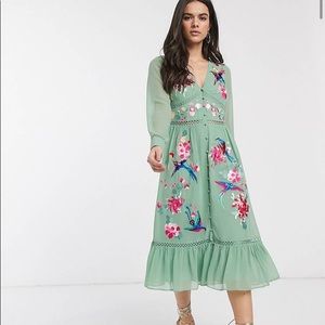 ASOS DESIGN embroidered midi dress in sage green